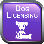 Square button with drawing of a dog and a dog-bone, labeled &quot;Dog Licensing.&quot;