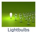 Photo of lightbules - many are clear glass / tungsten bulbs, and one is compact flourescent bulb.