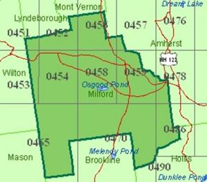 Map made up of several quadrants overlaying map of boundaries of Milford